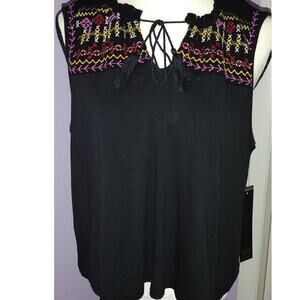 Always indigo black top embroidery ruffle neck